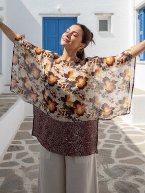 100% Silk Sheer Longline Tunic Blouse Dolman Sleeve Resort Boho S/M